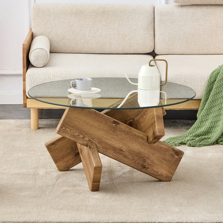 Circular Glass Coffee Table, 33.4 Inch Modern And Distinctive Design Tea Table. Tempered Glass Countertop, Wood Colored Mdf Table Legs. Suitable For Living Rooms And Farmhouses