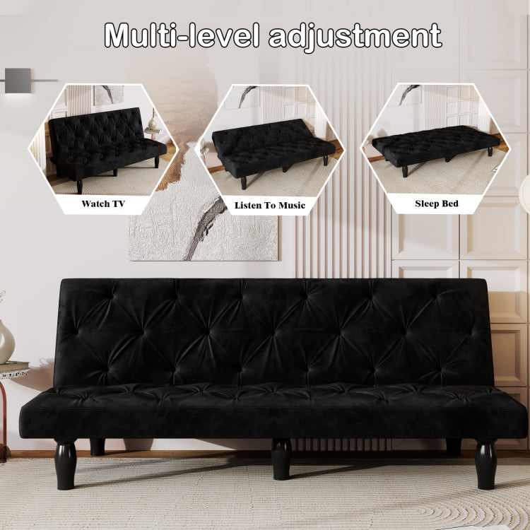Sofa To Bed Evolution: 66" Black Velvet Sofa Bed Transforms Seamlessly, Ideal For Family Living Rooms, Apartments, And Bedrooms