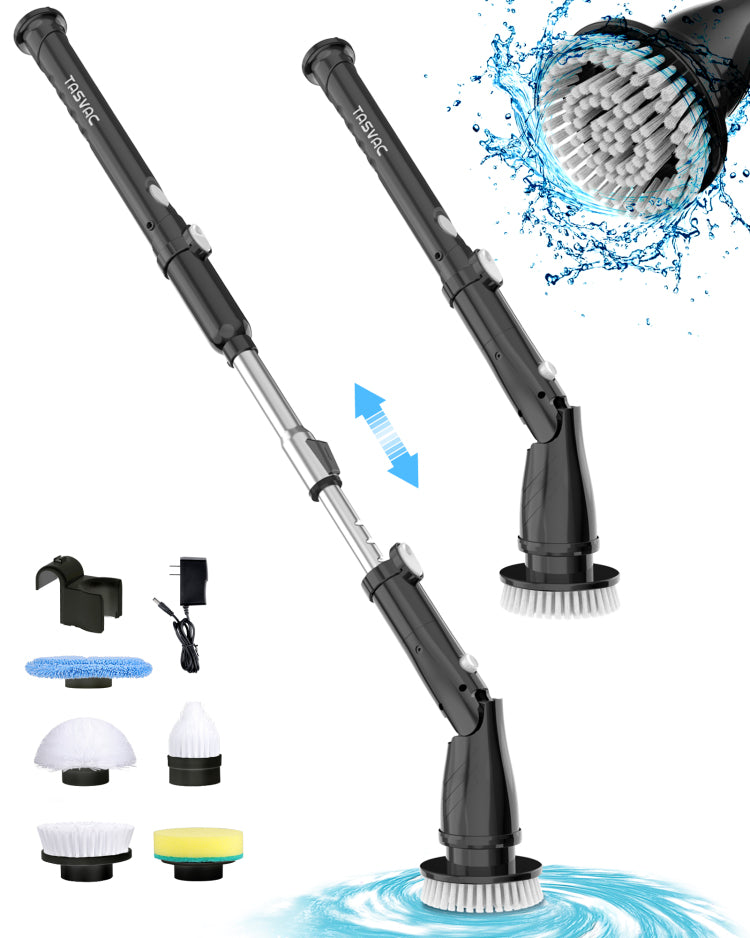 Tasvac Eb5 Black Electric Spin Scrubber, Cordless Cleaning Brush With 5 Replaceable Heads, 450 Rpm, Adjustable Telescopic Handle, 90Min Runtime