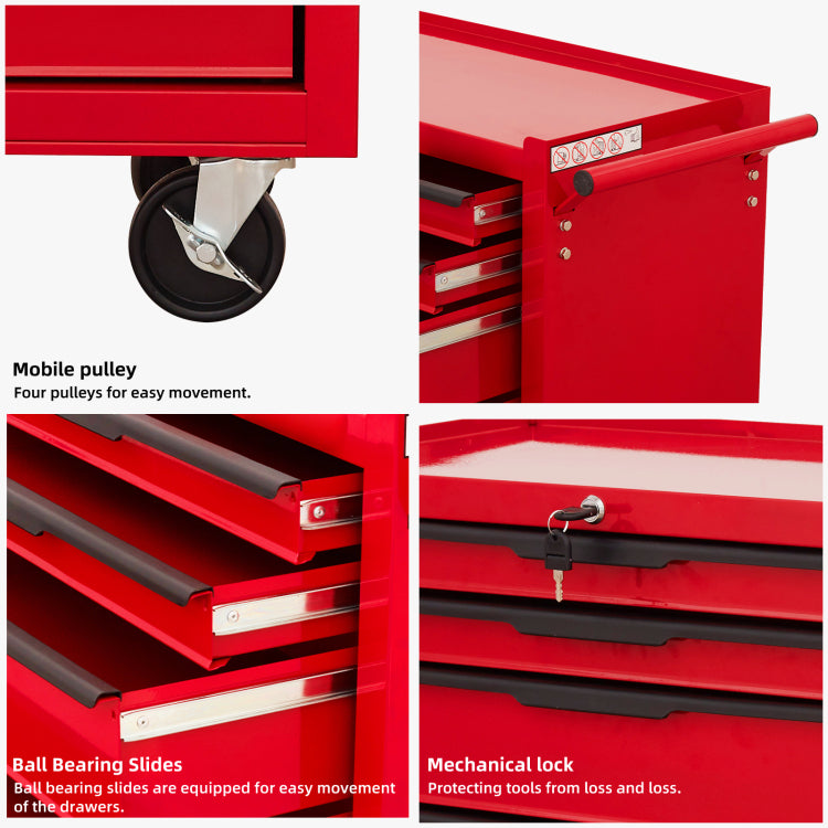 7 Drawer Rolling Tool Chest Cabinet, Large Capacity Metal Tool Box With Wheels And Cylinder Locking, Roll Around Storage Organizer Tool Cart For Garage, Warehouse, Work Shop Red