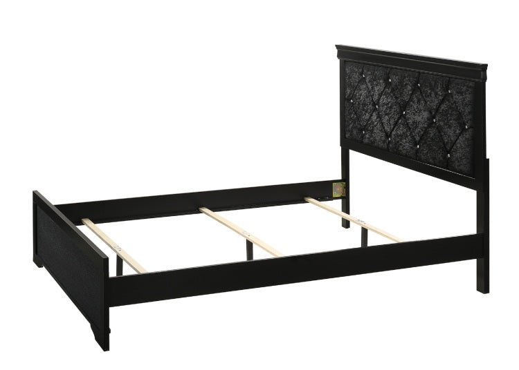Modern 1Pc Black Finish Queen Size Panel Bed Wooden Fabric Upholstered Headboard Crystal Like Button Tufted Fabric Bedroom Furniture