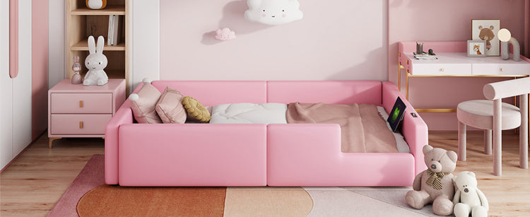 Twin Size Upholstered Platform Bed With Guardrail And Charging Station, Pink