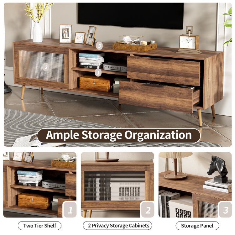 Modern Tv Stand For 75" Tv, Tv Console With 2 Glass Doors, Entertainment Center With 2 Drawers & Storage Cabinet, 70" Media Console Table For Living Room, Bedroom