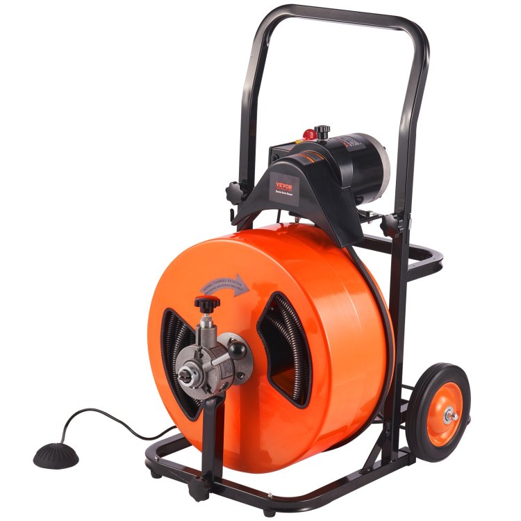 Drain Cleaning Machine 100Ft X 3 4 Inch, Sewer Snake Machine Auto Feed, Drain Auger Cleaner With 4 Cutter & Air Activated Foot Switch For 1" To 4" Pipes