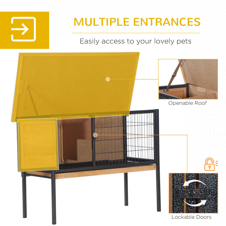 Pawhut Rabbit Hutch Elevated Bunny Cage Small Animal Habitat With Metal Frame, No Leak Tray, Mtetal Wire Pan And Openable Water Resistant Asphalt Roof For Indoor Outdoor Natural Wood