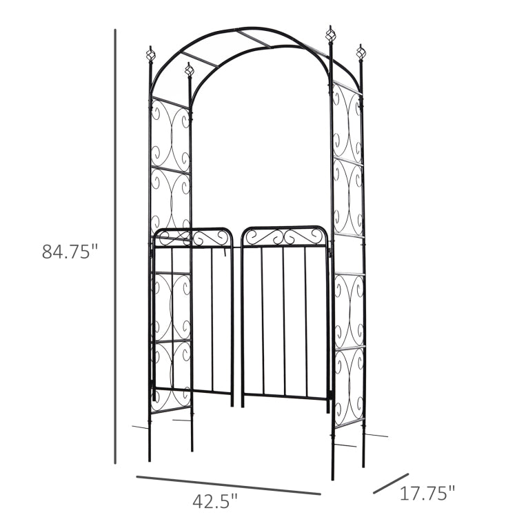Outsunny 84" Garden Arch Arbor With Gate, Metal Arch Trellis, Garden Archway For Climbing Vines, Wedding Ceremony Decoration, Flourishes & Arrow Tips, Black