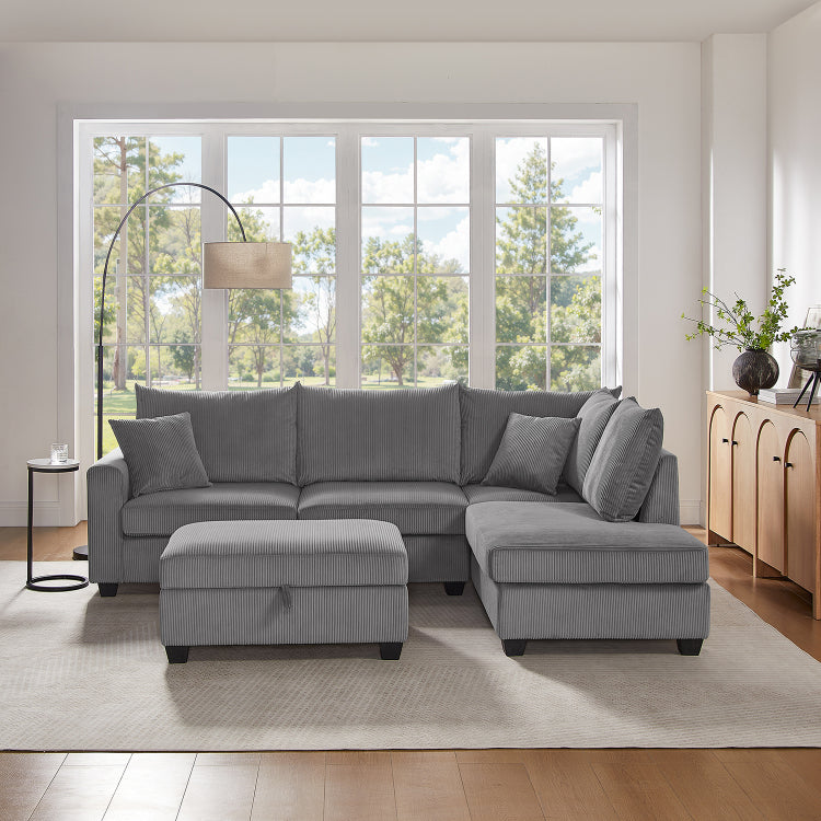 Rowan 107"W Dark Gray Corduroy Fabric Sectional Sofa With Right Facing Chaise, Usb & Usb C Charging Port, Storage Ottoman, And Pillows