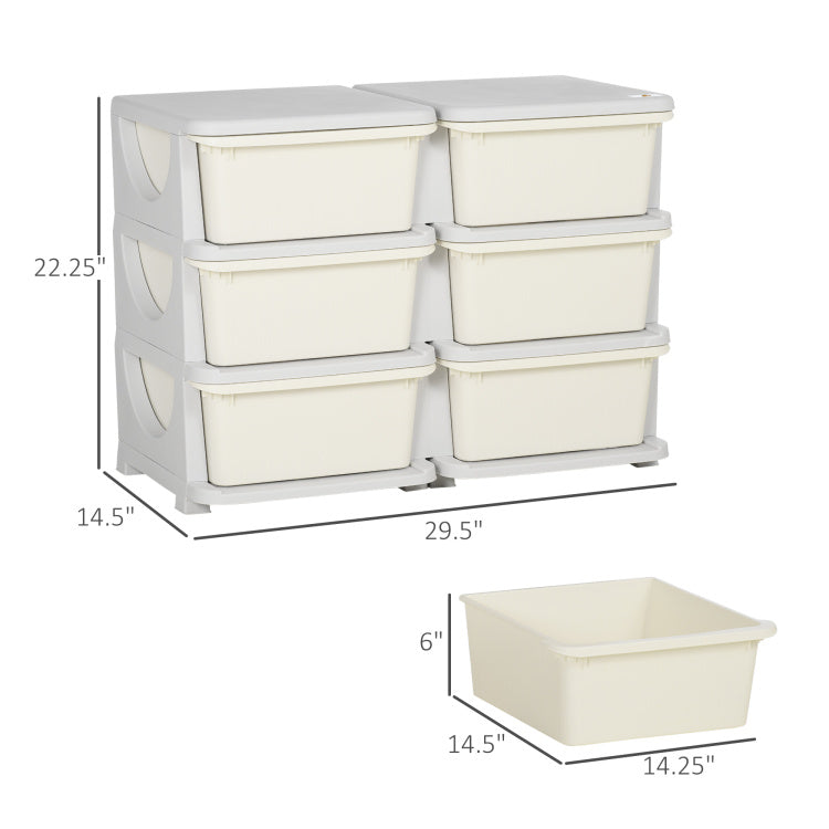 Qaba 3 Tier Kids Storage Unit, 6 Drawer Chest Toy Organizer Plastic Bins For Kids Bedroom Nursery Kindergarten Living Room For Boys Girls Toddlers, Cream