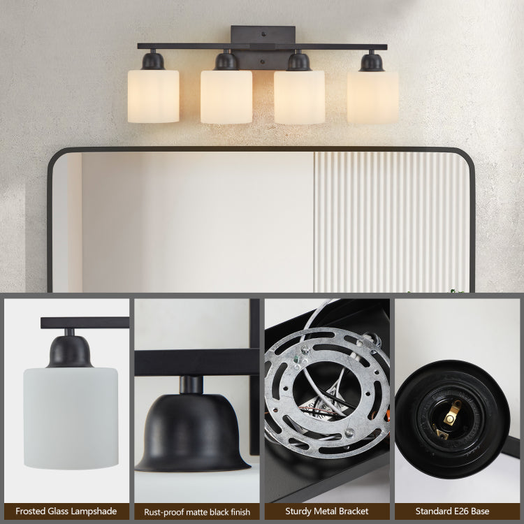 Black Bathroom Light Fixtures, 4 Light Modern Vanity Light Over Mirror, Wall Sconces With Milky White Frosted Glass Shades, E26 Socket Bulbs Not Included