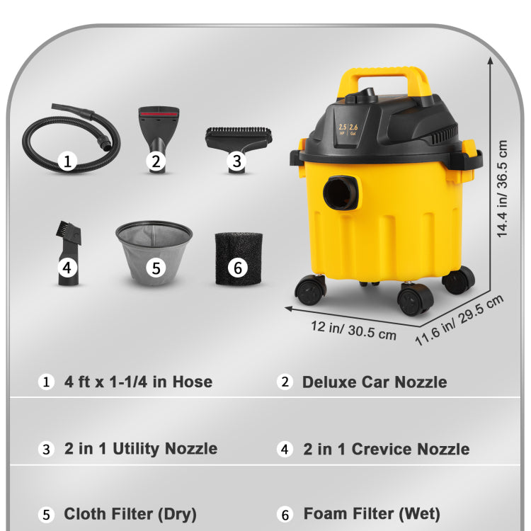Wet Dry Vac, 2.6 Gallon, 2.5 Peak Hp, 3 In 1 Shop Vacuum With Blowing Function, Portable With Attachments To Clean Floor, Upholstery, Gap, Car, Etl Listed, Yellow