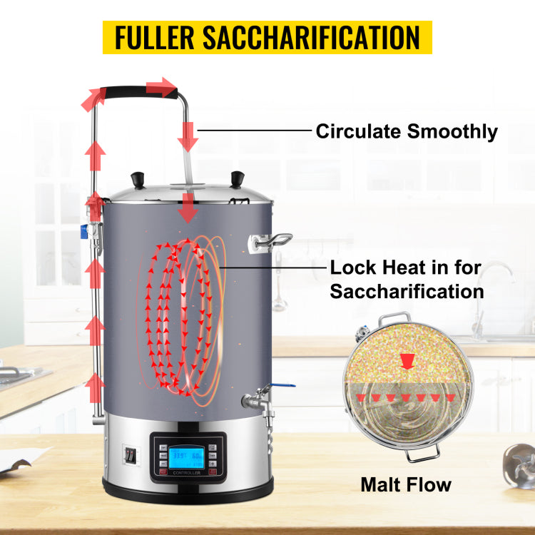 Electric Brewing System, 9.2 Gal 35 L Brewing Pot, All In One Home Beer Brewer W Pump, Mash Boil Device W Panel, Auto Manual Mode 100 1800W Power 25 100 Temp 1 180 Min Timer Recipe Memory