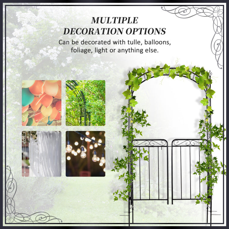 Outsunny 84" Garden Arch Arbor With Gate, Metal Arch Trellis, Garden Archway For Climbing Vines, Wedding Ceremony Decoration, Flourishes & Arrow Tips, Black