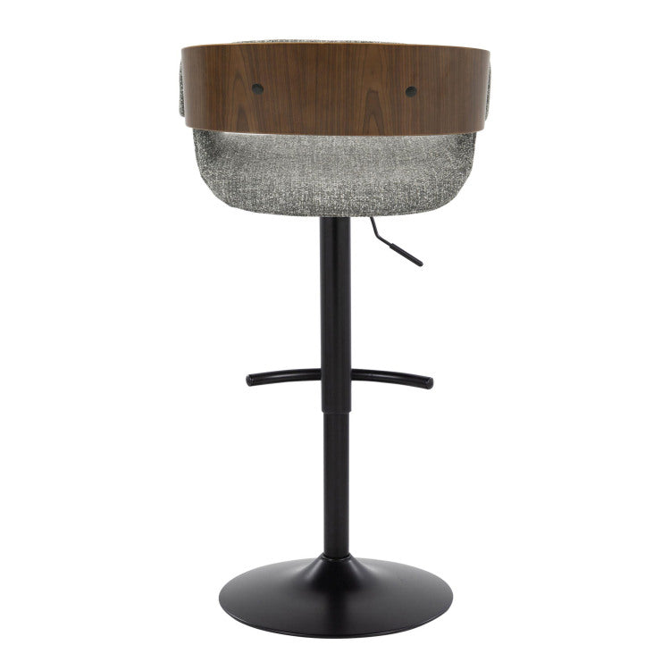 Elisa Mid Century Modern Adjustable Barstool With Swivel In Black Metal, Walnut Wood And Grey Fabric With Rounded T Footrest By Set Of 2