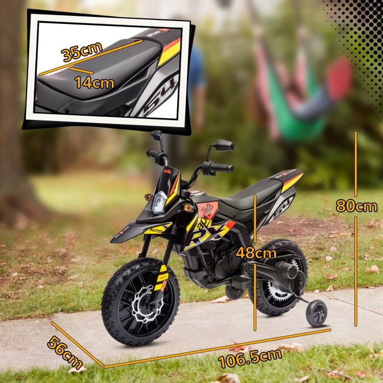 Qaba 12V Kids Motorcycle, Aprilia Licenced Electric Motorcycle For Kids With Training Wheels, Spring Suspension, Led Light, Usb, Music, Battery Powered Electric Dirt Bike For Boys Girls, Yellow