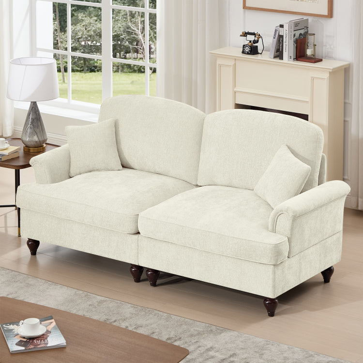 Elegant Mid Century Oversized Large Two Seater Sofa Couch With Flared Arms And Removable Ruffles Pleats Skirts And Spindle Legs, Comfy Chenille Two Seat Love Seat Sofa For Living Room, Beige White