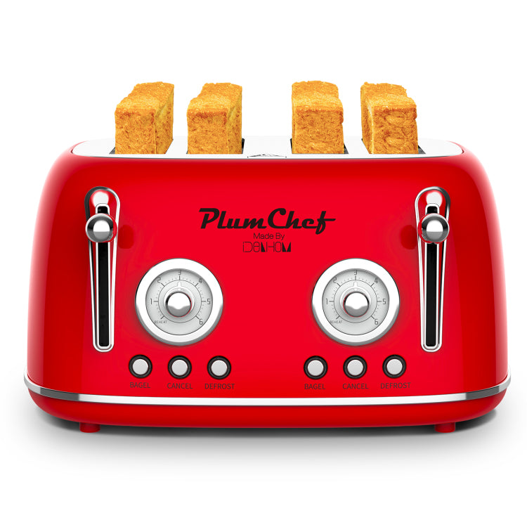 4 Slice Retro Style Toaster, Dual Control Toaster , 6 Browning Settings, Bagel Defrost Functions, Removable Crumb Tray, Stainless Steel Housing 1650W, Red