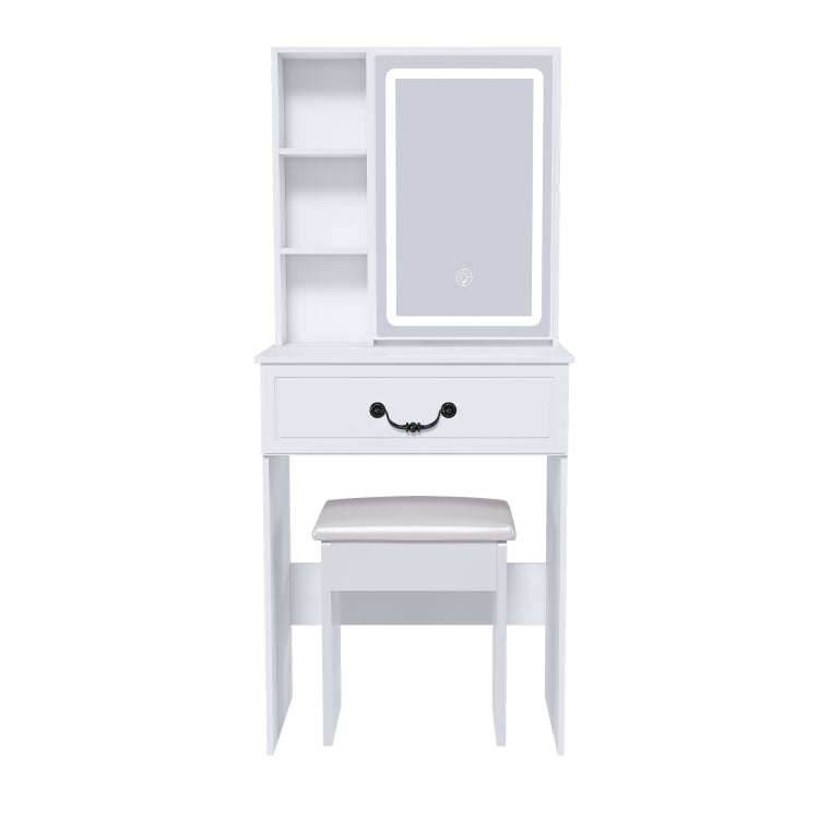 Modern Mini Dressing Table With Led Lit Mirror & Hidden Storage,Includes Padded Stool,Adjustable Brightness Vanity Desk,Multi Tier Dust Proof Shelves,White
