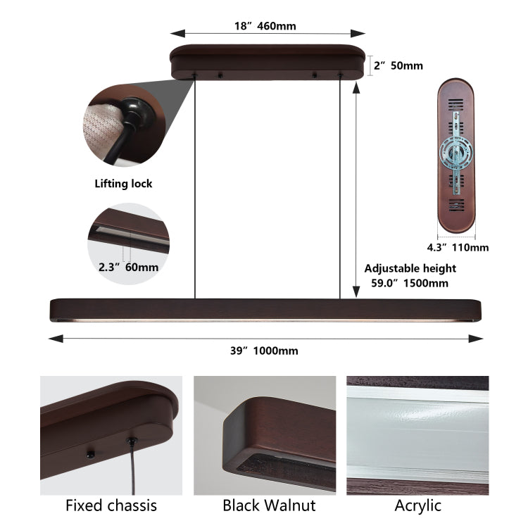 39 Inch Walnut Wood Modern Led Pendant Light, Adjustable Hanging Light For Dining Room, Kitchen, Living Room Sleek Walnut Color Finish