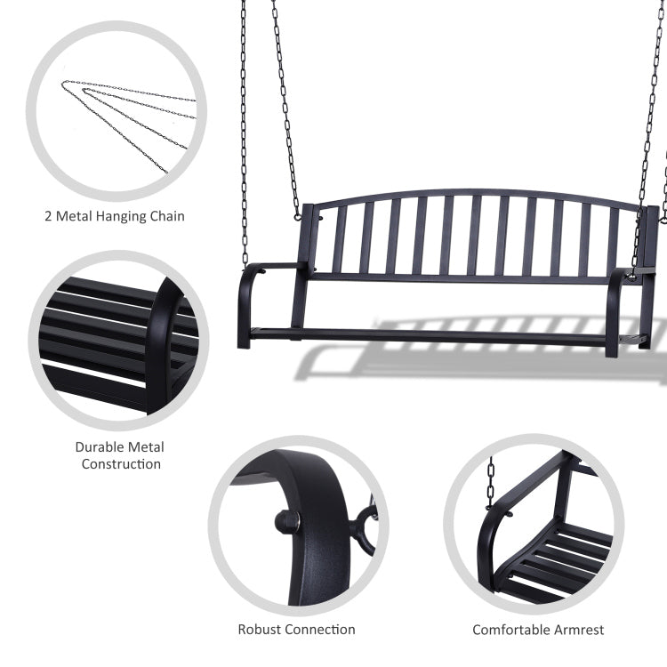 Outsunny 2 Person Front Porch Swing Patio Swing Bench, Outdoor Steel Swing Chair With Sturdy Chains, For Backyard, Deck, 528 Lb Weight Capacity, Black