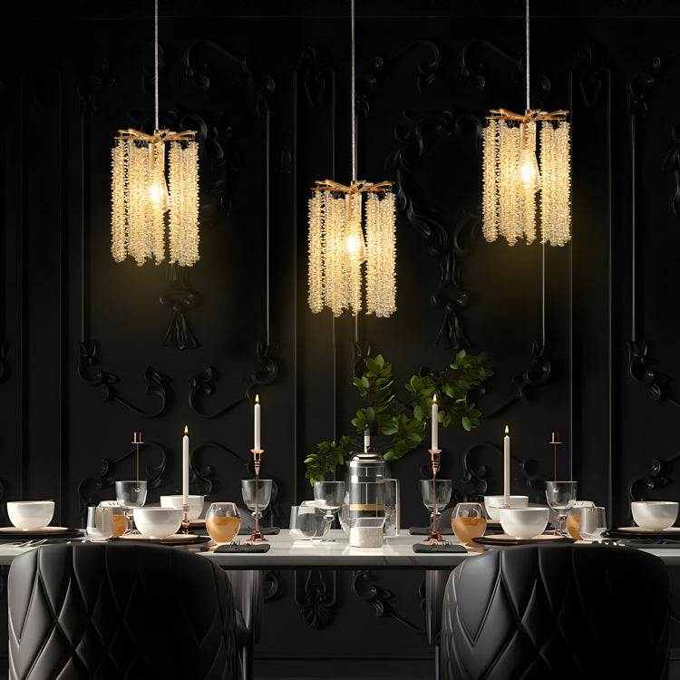 Luxury 3 Pack Crystal Pendant Lights, Elegant Golden Finish Chandelier With Waterfall Bead Design No Bulbs