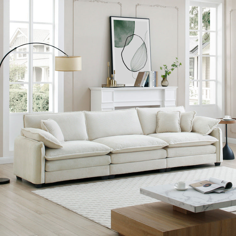 Mid Century Modern 3 Seater Sectional Sofa With 2 Arm Pillows And 3 Throw Pillows, Beige Corduroy Fabric