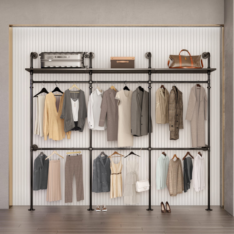 Industrial Pipe Clothing Rack, Reversible 118.3'' Clothes Rack For Hanging Clothes, Heavy Duty Garment Rack Closet Wardrobe Rack With Led Lights & Shelves, Walk In Closet System, Black Three