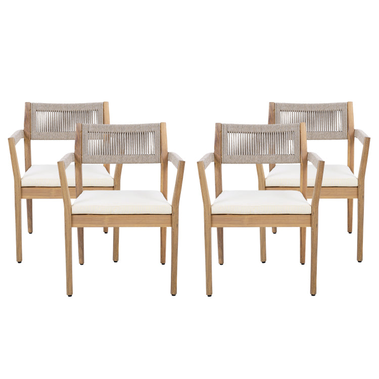 Braided Acacia Wood Outdoor Dining Chairs Set Of 2 Teak Look With Beige Rope & Cream Cushions, Armrests All Weather Patio Furniture For Garden, Poolside, And Backyard Durable & Stylish