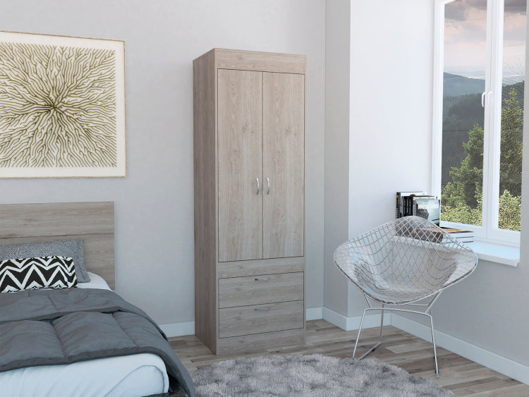 Lisboa Armoire, Rod, Double Door, Two Drawers, Metal Handles Light Gray