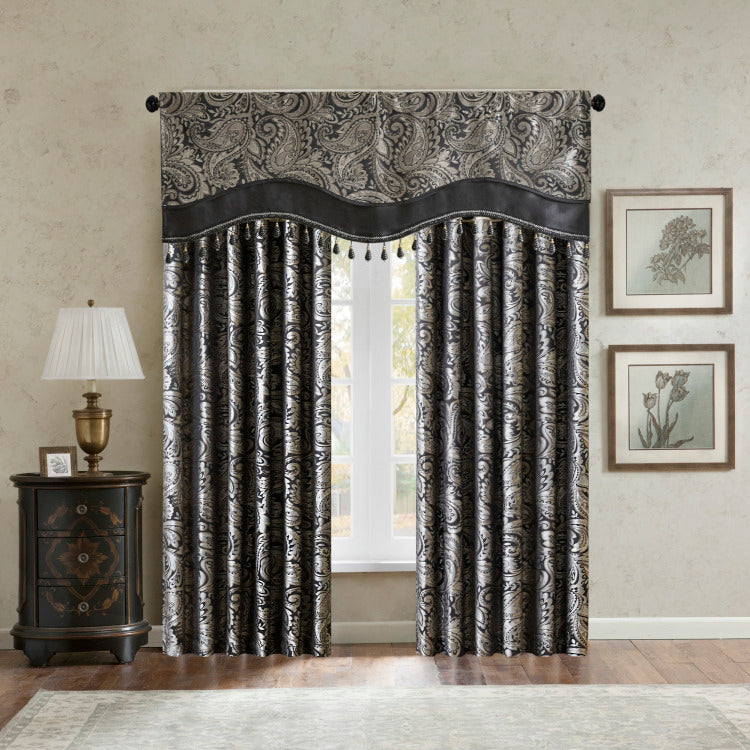 Jacquard Window Rod Pocket Valance With Beads Black 50X18"