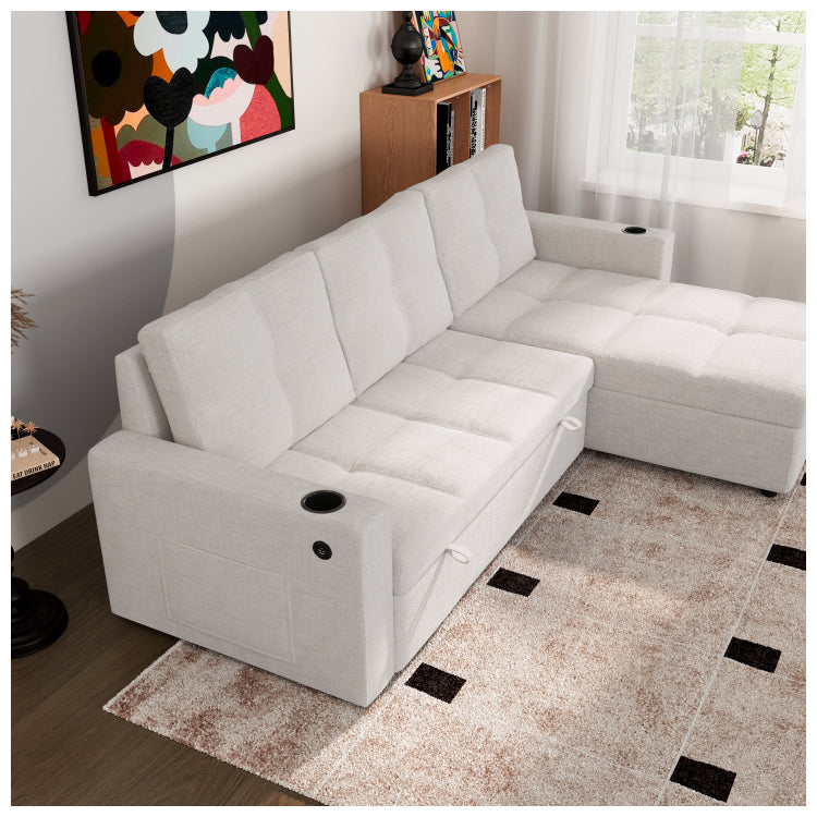 Convertible Fabric Sofa Bed, Pullout Sectional Sleeper Sofa Couches With Usb Charging & Cup Holders, L Shape Sleeper With Storage For Living Room Beige