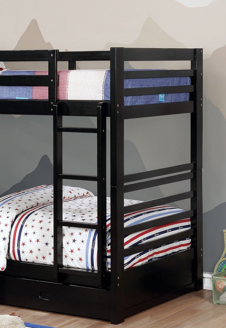 Classic Design Twin Over Twin Bunk Bed Transitional Style With Two Drawers Attached Ladder Black