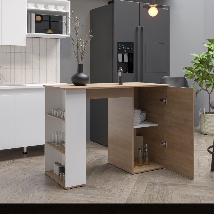 Allen 47" Wide Kitchen Island One Cabinet And Five Shelves, Bar Table, Dinning Table. Pub Table White Natural Oak
