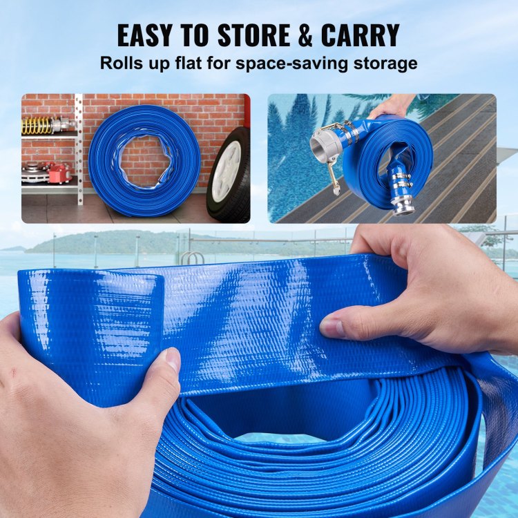 Backwash Hose, 2 In X 50 Ft, Heavy Duty Pvc Flat Pool Discharge Hose With Aluminum Camlock C & E Fittings, Clamps, Compatible With Pumps, Sand Filters, For Swimming Pools Waste Water Drain, Blue