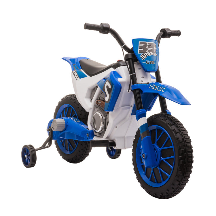 Aosom 12V Kids Motorcycle Dirt Bike Electric Battery Powered Ride On Toy Off Road Street Bike With Charging Battery, Training Wheels Blue