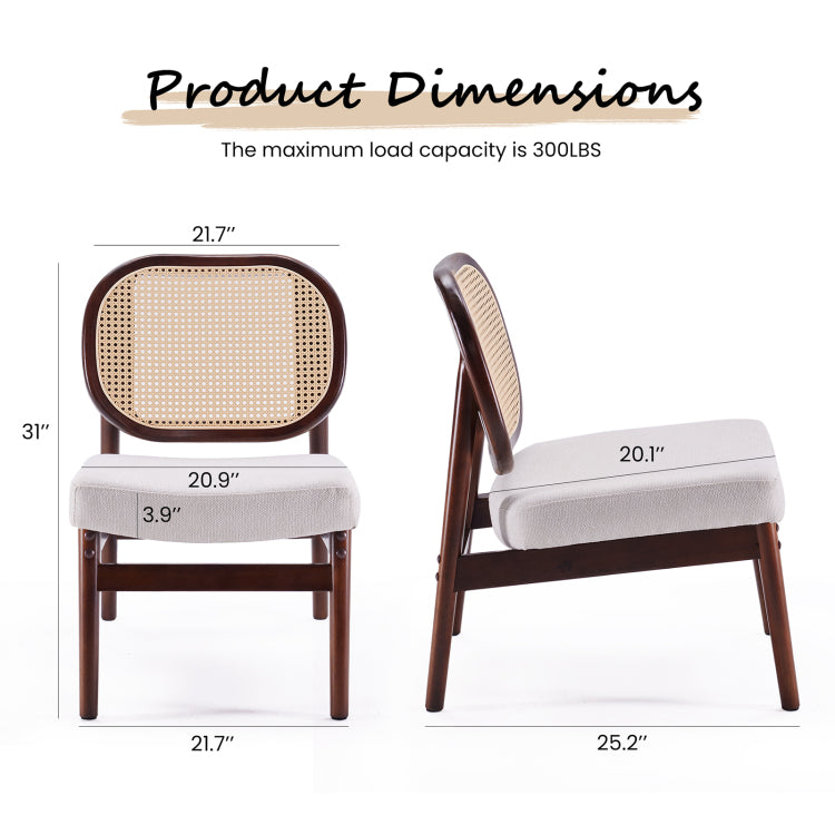 Rattan Accent Chair, Upholstered Living Room Chair With Rattan Back & Wood Frame, Mid Century Modern Reading Chair For Living Room, Bedroom, Beige