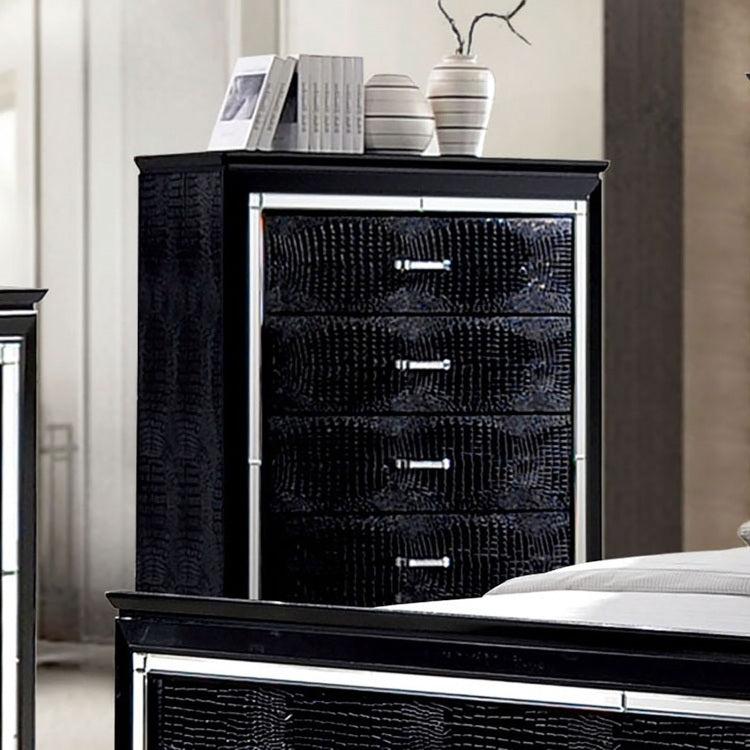 1Pc Chest Crocodile Texture Contemporary Style Diamond Crusted Handle English Dovetail Five Drawers 3Mm Mirror Black Finish
