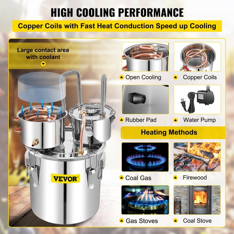 Alcohol Still, 13.2Gal 50L Stainless Steel Water Alcohol Distiller Copper Tube Home Brewing Kit Build In Thermometer For Diy Whisky Wine Brandy, Silver