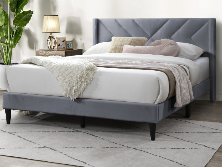 Elegant Modern Gray Velvet Upholstered Queen Size Bed Clean Lines Design Headboard 1Pc Bedframe