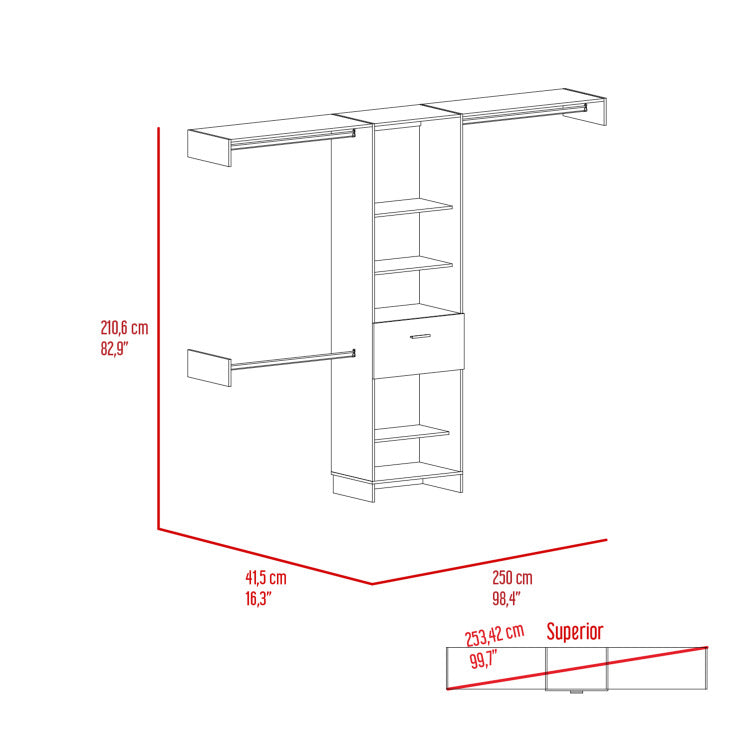 Cross Closet System, One Drawer, Three Metal Rod, Five Open Shelves