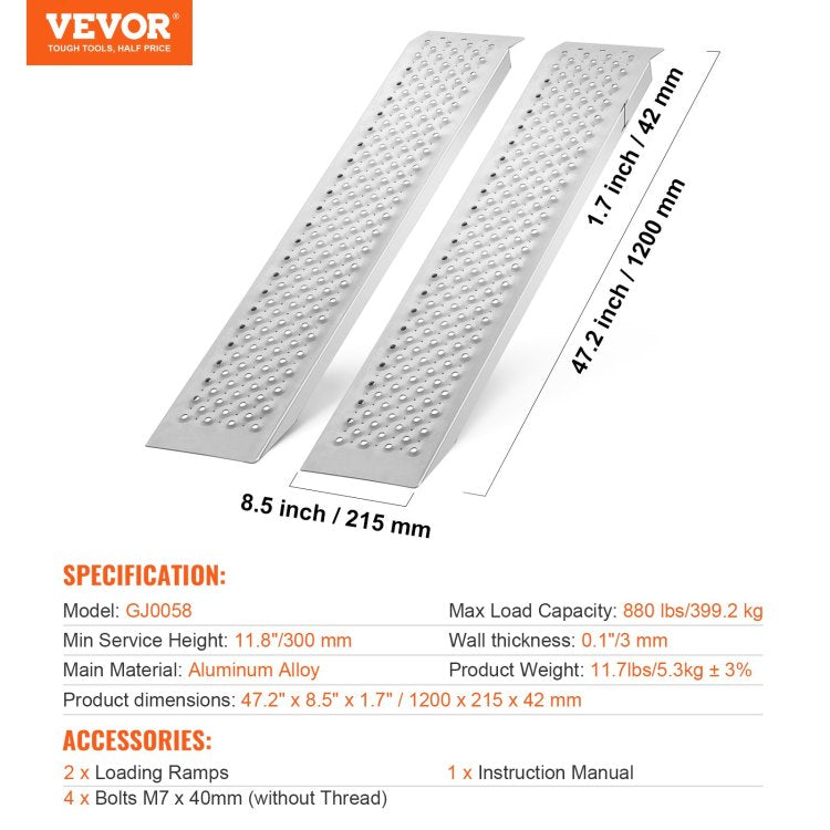 47.2" X 8.5" Aluminum Ramps 880 Lbs Capacity Loading Ramps 2Pcs