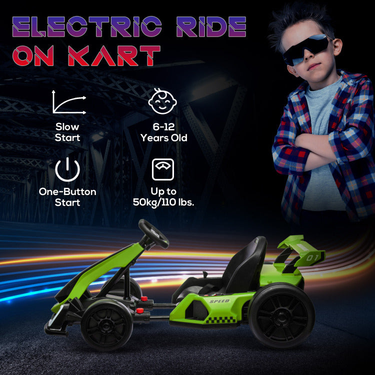 Aosom 24V 7.5 Mph Electric Go Kart With Adjustable Seat, Drifting Car Battery Powered Ride On Toy Outdoor With Slow Start, Button Start, Music, Honking Horn, Lights, For 6 12 Years Old, Green