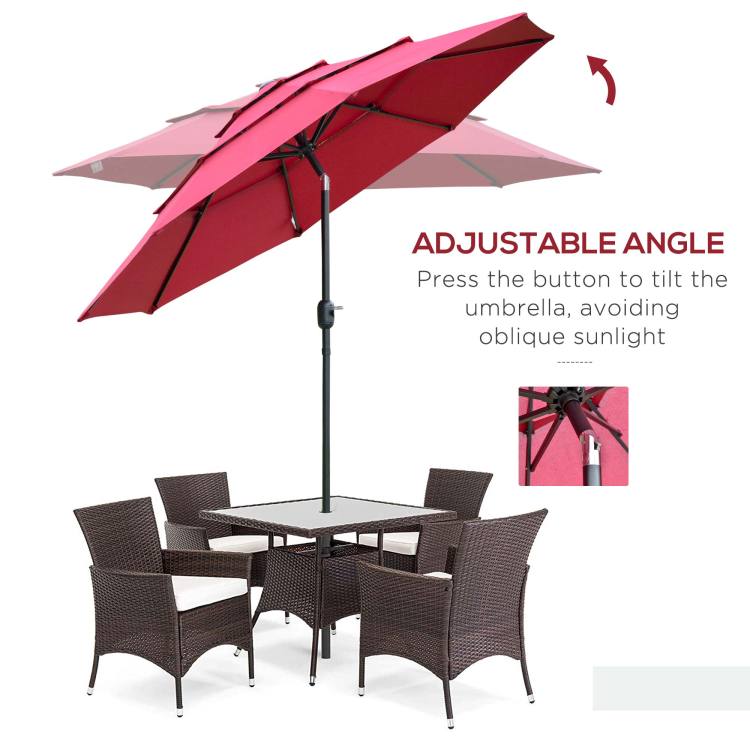 Outsunny 9Ft 3 Tiers Patio Umbrella Outdoor Market Umbrella With Crank, Push Button Tilt For Deck, Backyard And Lawn, Wine Red