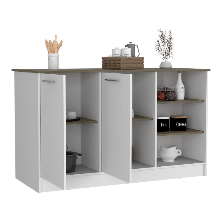 Ginger Kitchen Island, Three Open Shelves, Two Cabinets White Dark Brown
