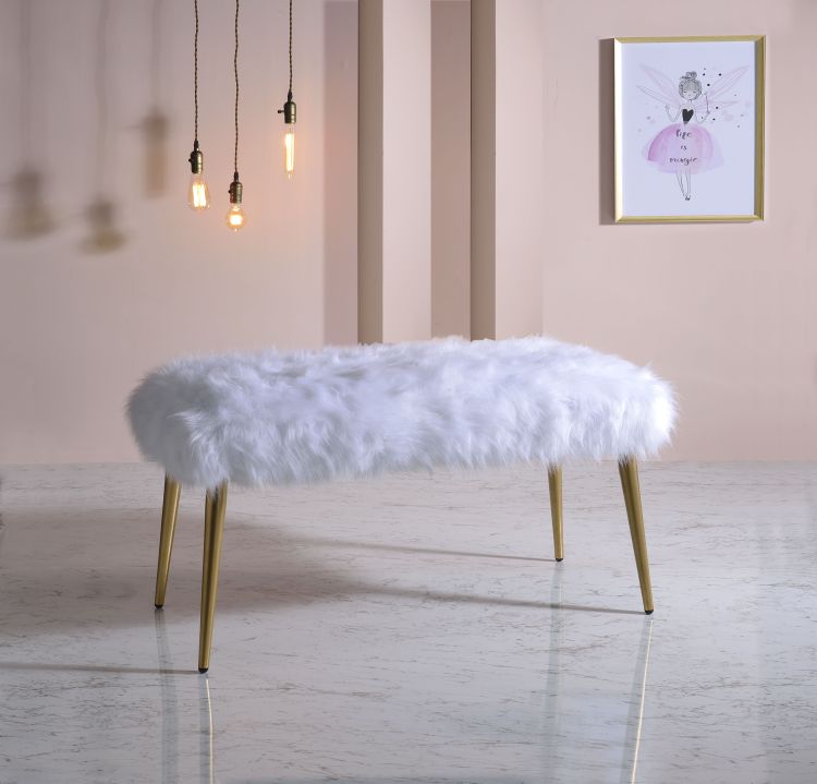 Bagley Ii White Faux Fur & Gold Finish Bench