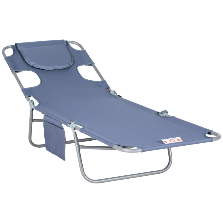 Outsunny Folding Beach Lounge Chair With Face Hole And Arm Slots, 5 Level Adjustable Sun Lounger Tanning Chair With Pillow For Patio, Garden, Beach, Pool, Gray