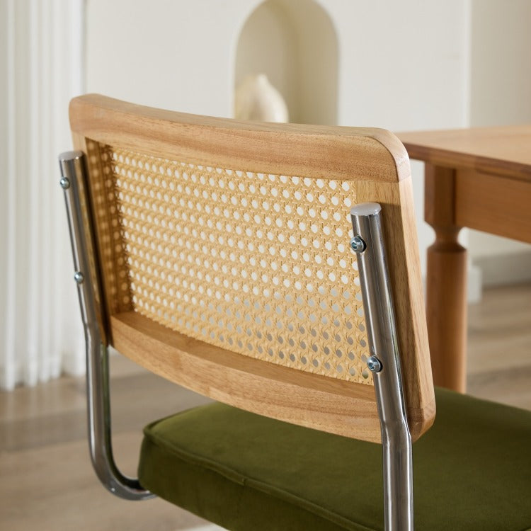 Mid Century Modern Dining Chairs Set Of 2, Velvet Accent Chairs With Natural Cane Back & Stainless Chrome Base, Famous Breuer Designed Chairs, Upholstered Rattan Kitchen Chairs,Olive Green