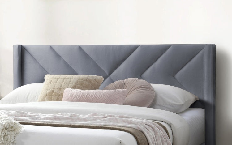 Elegant Modern Gray Velvet Upholstered Queen Size Bed Clean Lines Design Headboard 1Pc Bedframe