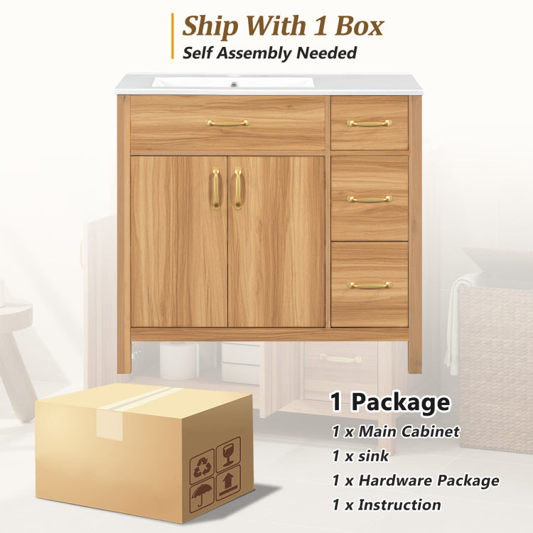 36" Wood Bathroom Vanity With Solid Wood Frame, 2 Soft Close Doors, 3 Soft Close Drawers, Adjustable Shelf, Modern Storage Cabinet For Small Bathrooms