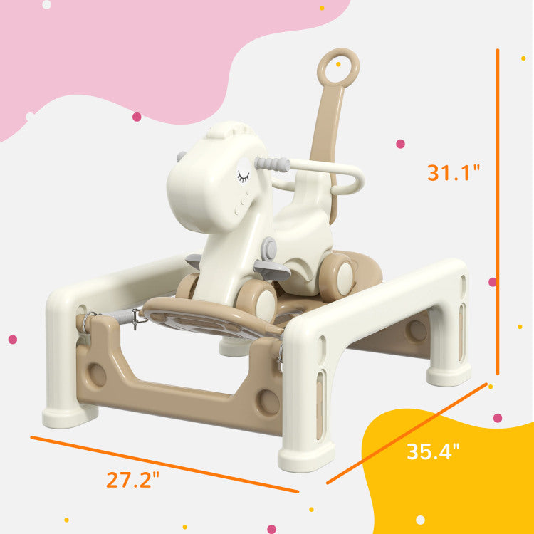 Qaba 5 In 1 Rocking Horse For Toddlers Years 1 6, Kids Spring Ride On Horse Balance Bike With Detachable Balance Board, Push Handle & Footrest For Baby Boys And Girls, Cream White
