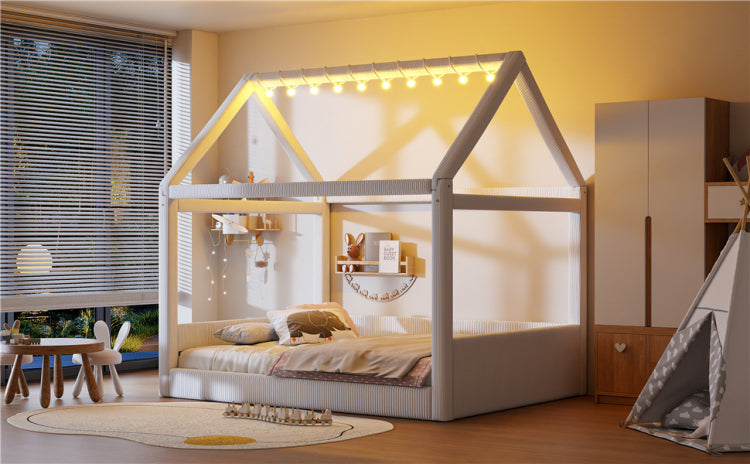 Full Size Upholstered House Daybed With Led Light Strips,Beige